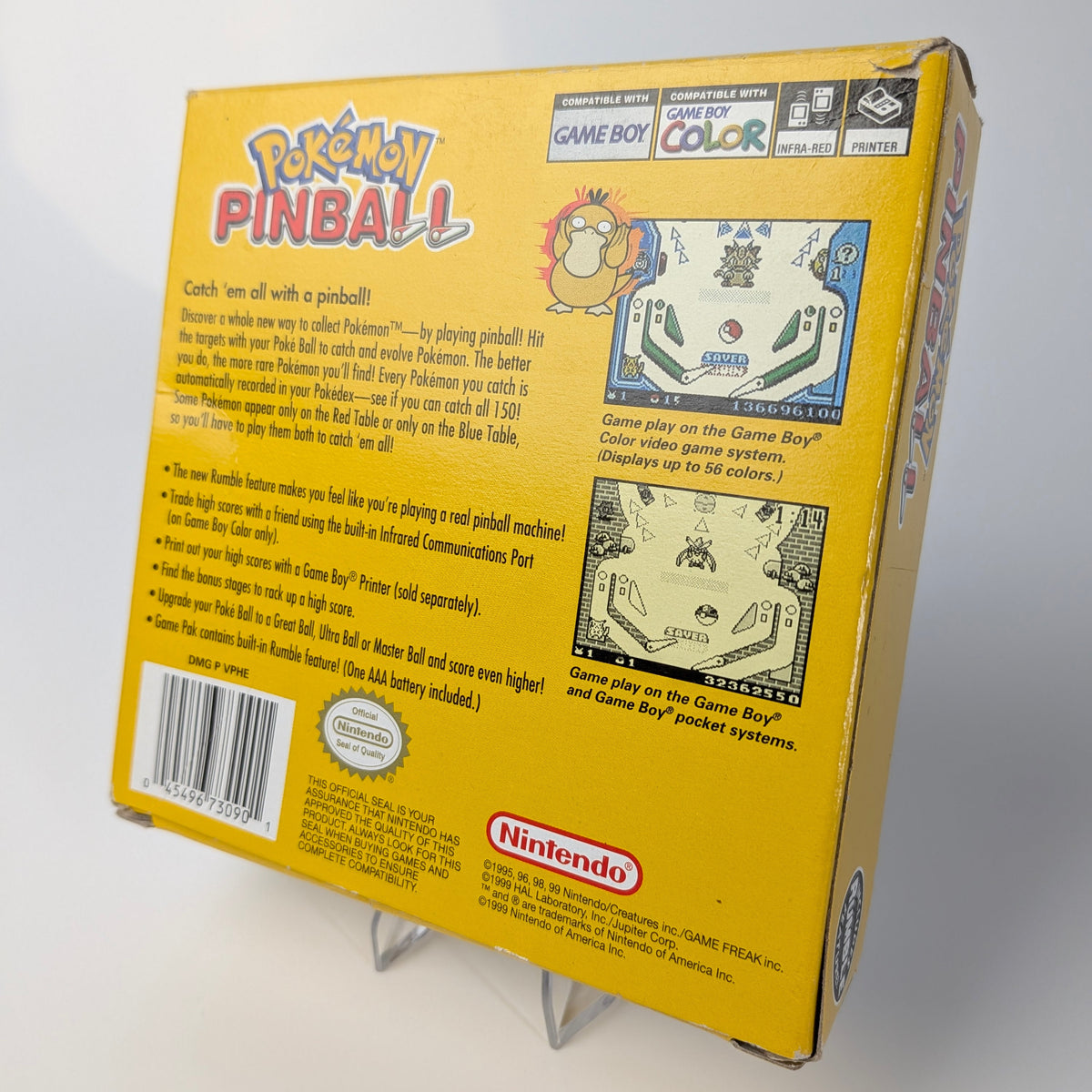 Back of a Pokémon Pinball Game Boy Color packaging with branding and graphics.
